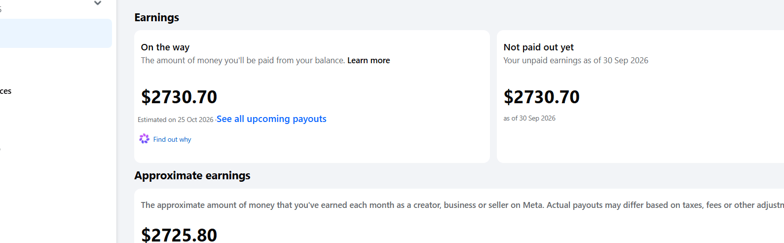 Facebook Earnings dashboard screenshot